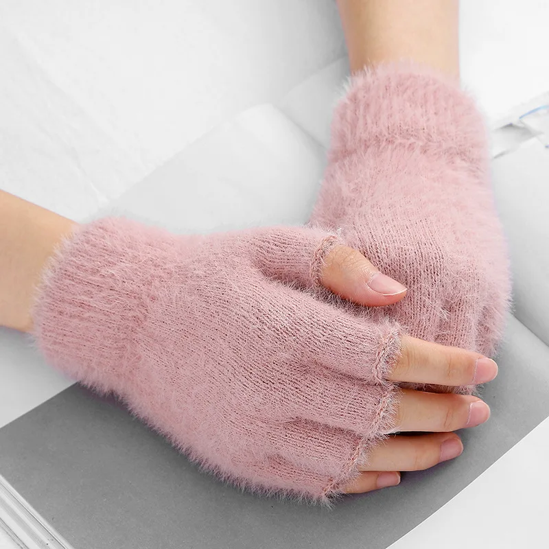 Solid Color Winter Gloves for Kids Imitation Mink Fur Thicken Boy Girl Outdoor Warm Half Finger Gloves Plush Children Mittens