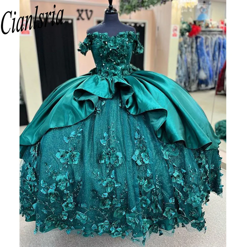 

Green Quinceanera Dress Off Shoulder Sequined Appliques Sweep Train Sweet 15 Party Dress Gown robes de soiree