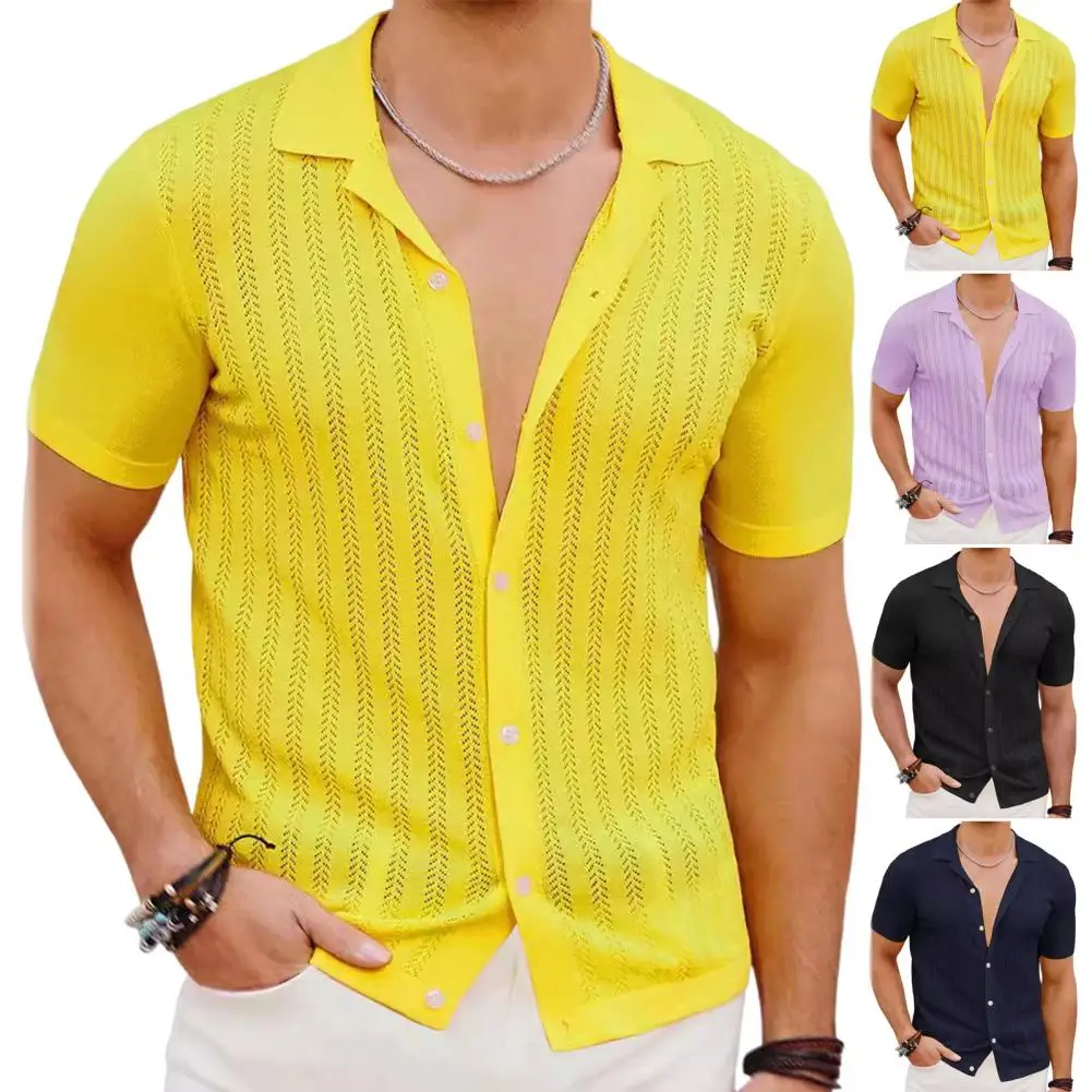 

Рубашка мужская с отложным воротником, дышащий вязаный Пляжный топ с короткими рукавами, легкий ажурный дизайн, для отпуска, лето