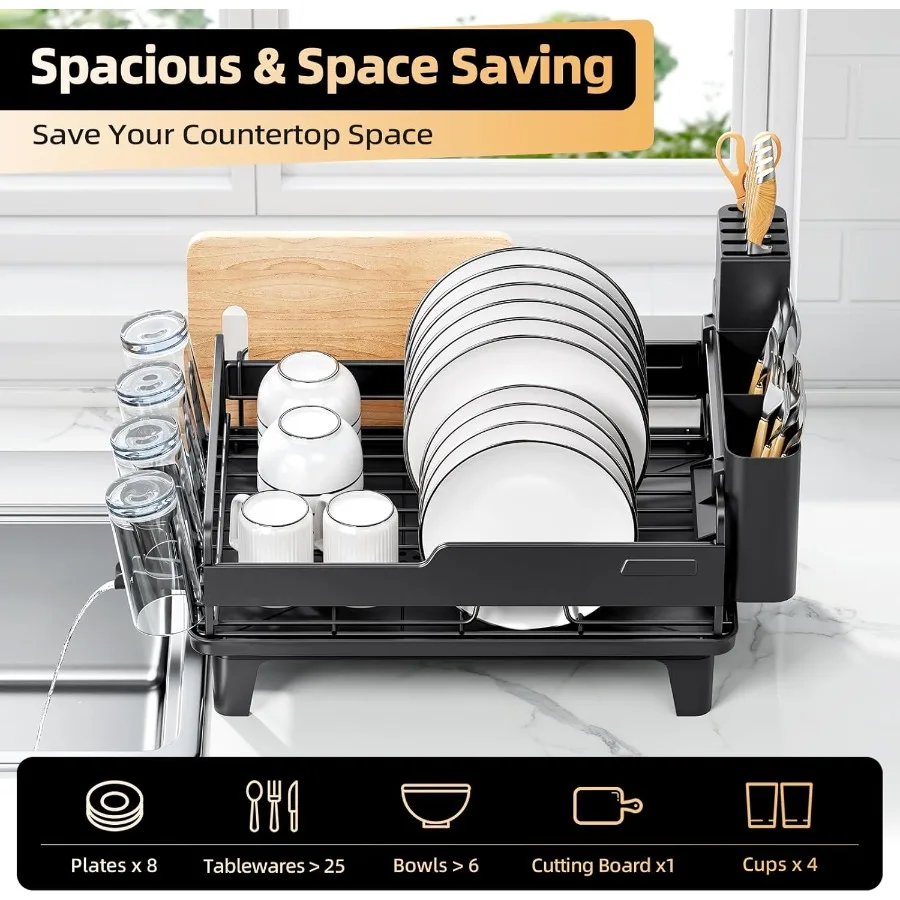 Dish Drying Rack for Kitchen Counter Countertop Dish Rack with Drainboard Multifunctional Dish Drainer with Cups Holder Cutting