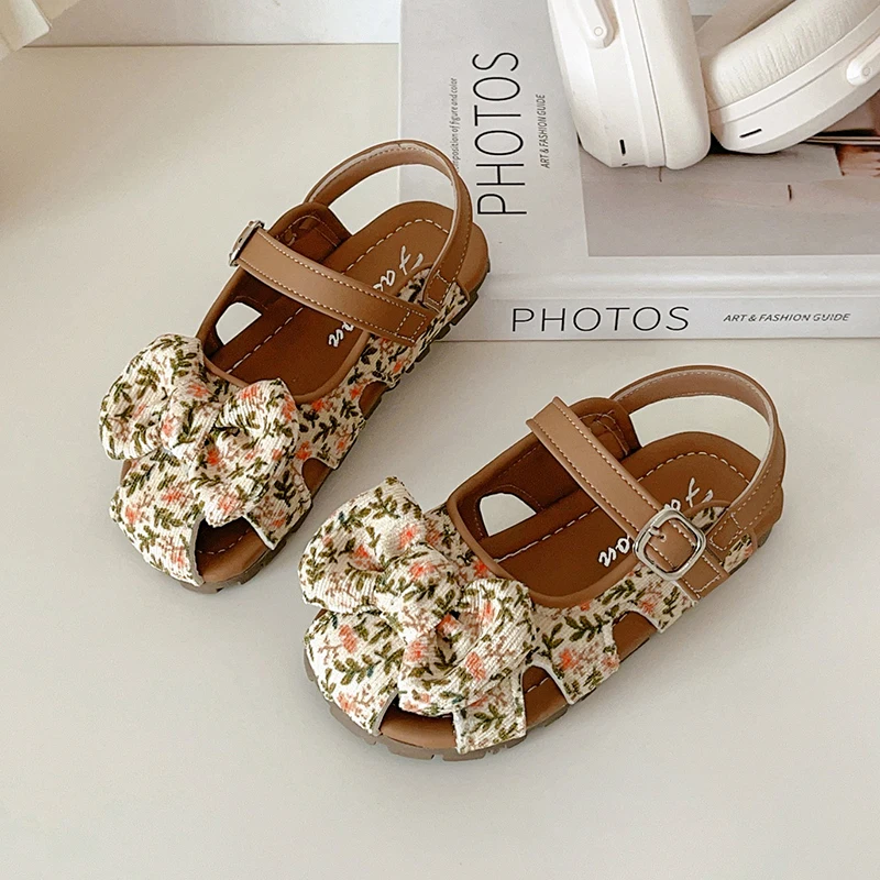 Kids'Casual 신발 패션 레오파드 프린트 PU 가죽 샌들 여름 신발 소녀용 미끄럼 방지 브라운 옐로우 신발 사이즈 23-33