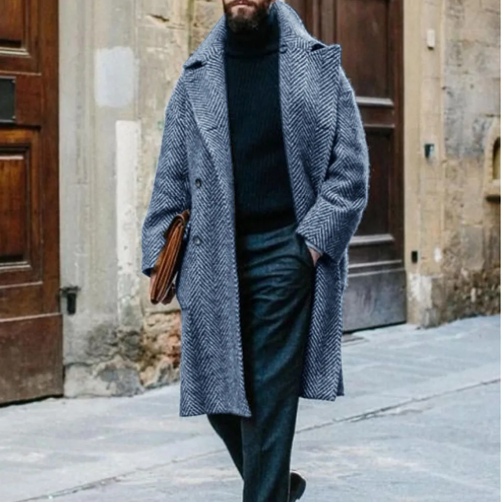 Men's Herringbone Coat Mid-length Double-breasted Coat French Style Street Casual Charm Men's Single Customizable Clothing