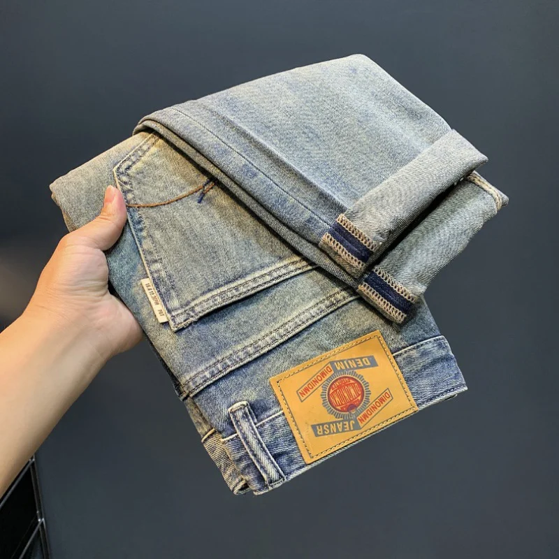 Ripped cropped jeans men's summer thin loose trendy slim fit harem light color High Street pencil pants retro pants