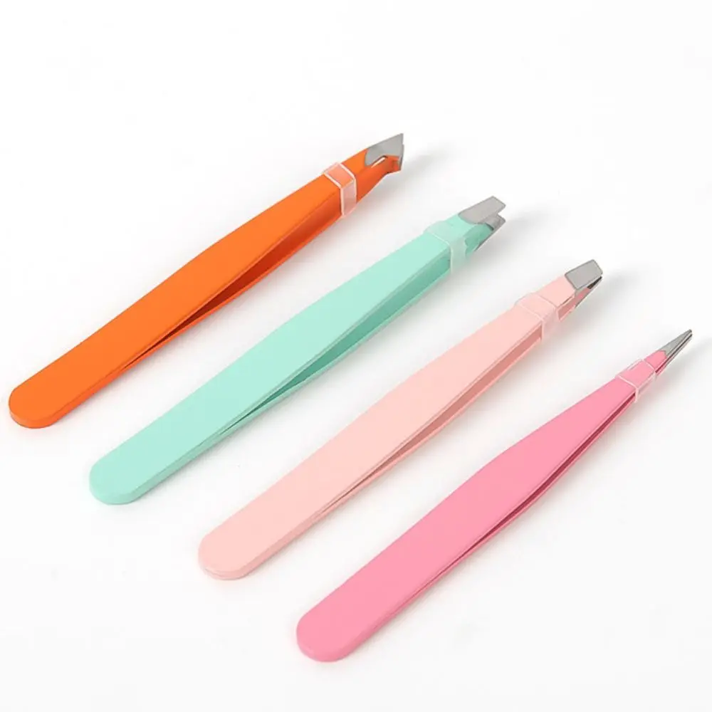 전문가용 4개 다채로운 스테인레스 스틸 눈썹 핀셋 세트 - 경사진 팁, 정밀 제모 및 여행용 케이스 메이크업 도구