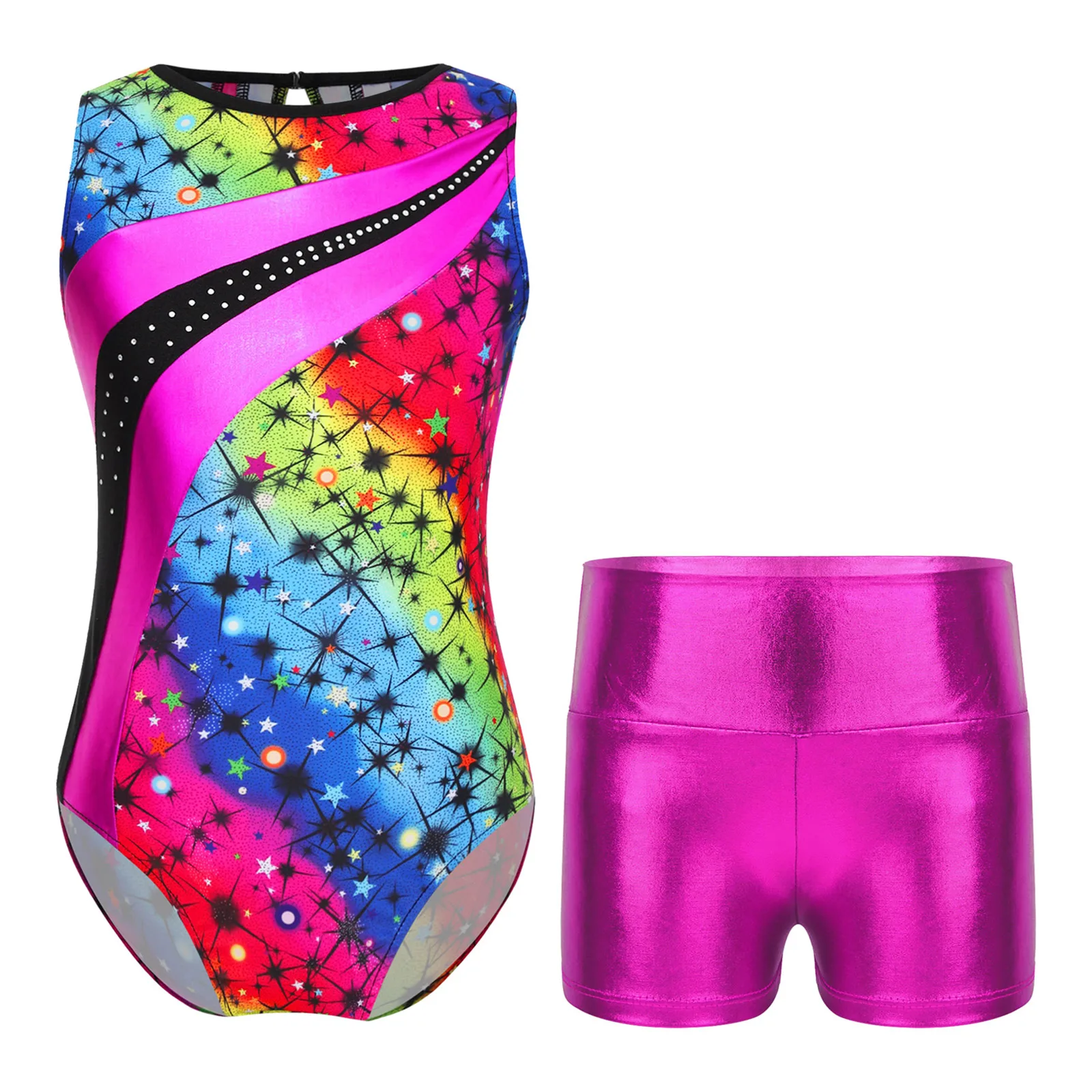 TiaoBug 2Pcs Kids Girls Gymnastic Sport Bodysuit with High Waist Dance Shorts Set Sleeveless Print for Yoga Training Skating