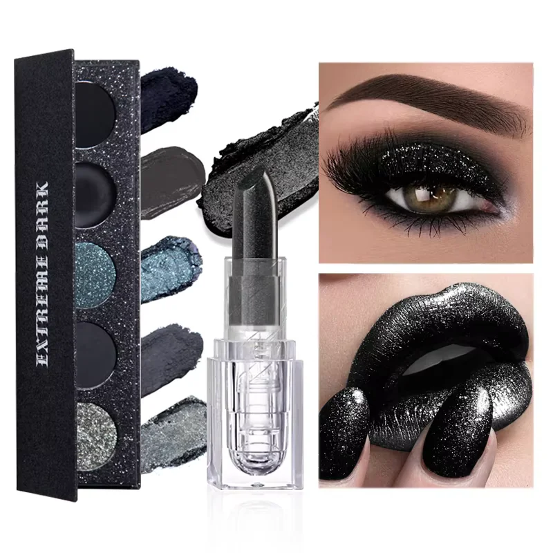 Ice cube Black lipstick eyeshadow tray set waterproof long-lasting pearl dark cool Gothic style