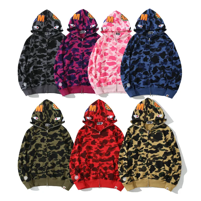 Plus 5XL New High Quality Zipper Sports Jacket For Men Women Hip-hop Harajuku Embroidery Bape Shark Classic Camouflage Hoodie |