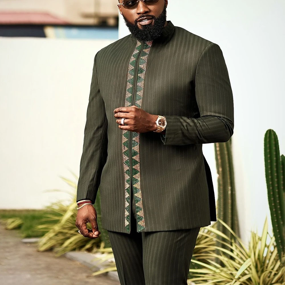 New in Luxury Designer Men African Summer Outfit Men Patchwork Top and Sports Pants 2 Pieces Outfits Festival Wedding Men's Suit 4