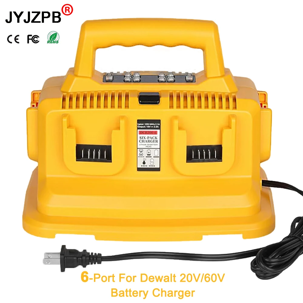 Battery Charger 6-Ports for Dewalt 20V/60V Compatible with DCB200 DCB203 DCB204