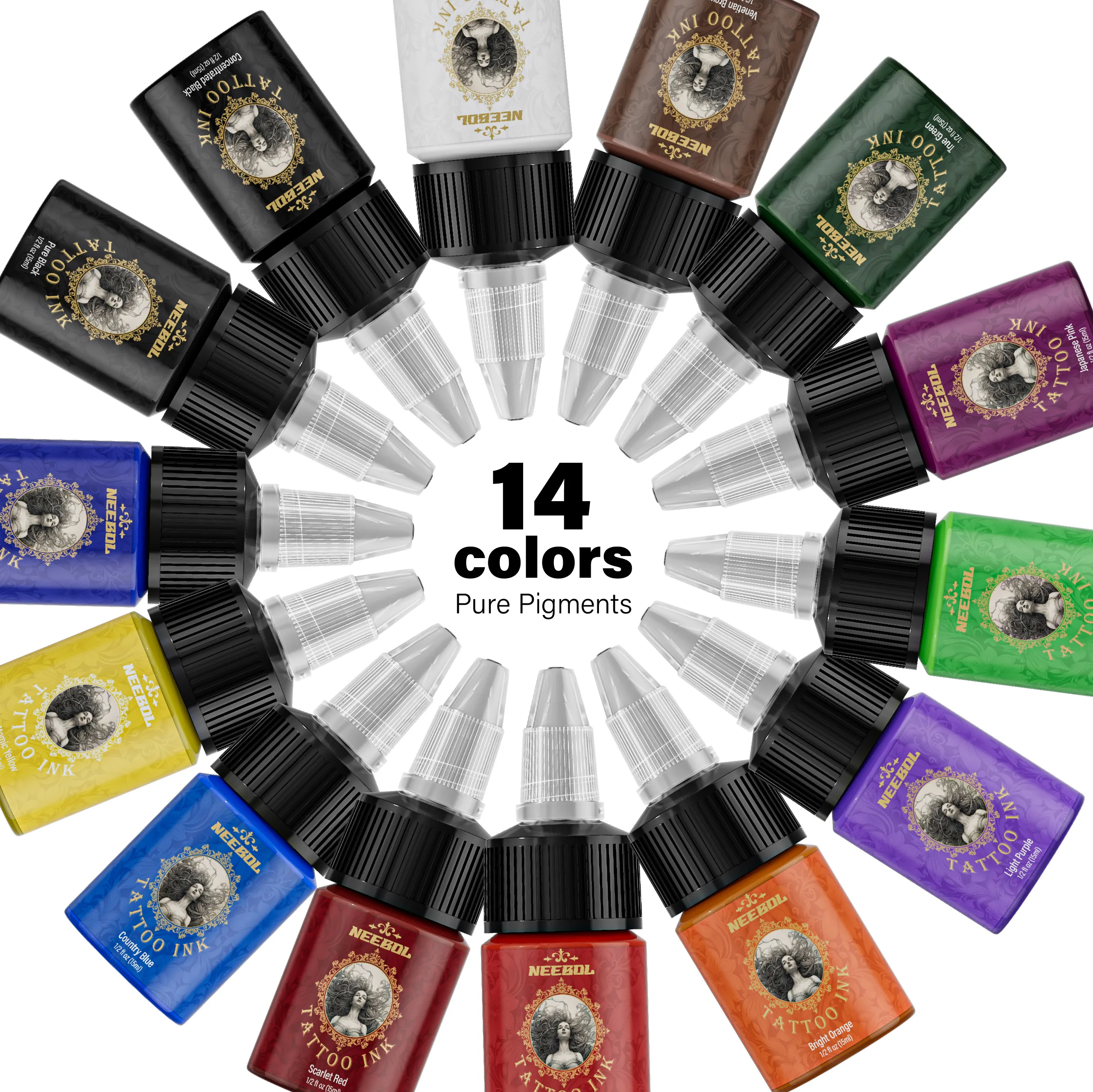 Tattoo Ink Set 14/21 Colors 1/2 oz (15 ml) Tattoo Ink & Supplies For Outlining Shading Long Lasting Painting Colorful