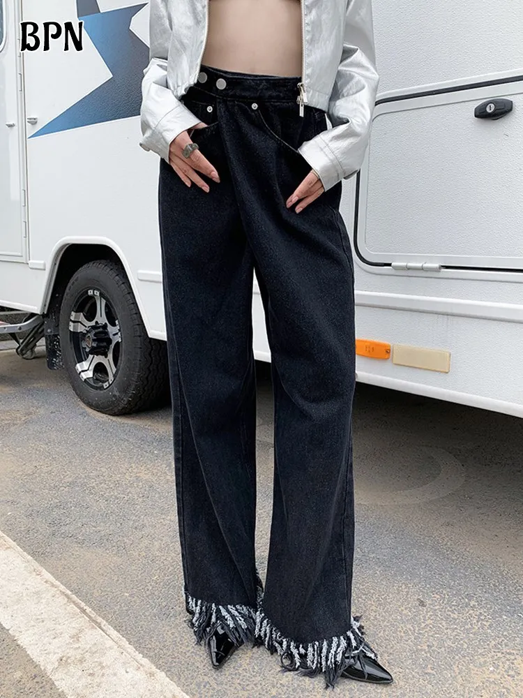 

BPN Korean Spliced Tassel Jeans For Women High Waist Patchwrok Buttons Solid Straight Denim Pants Female Fashion Style Clothing