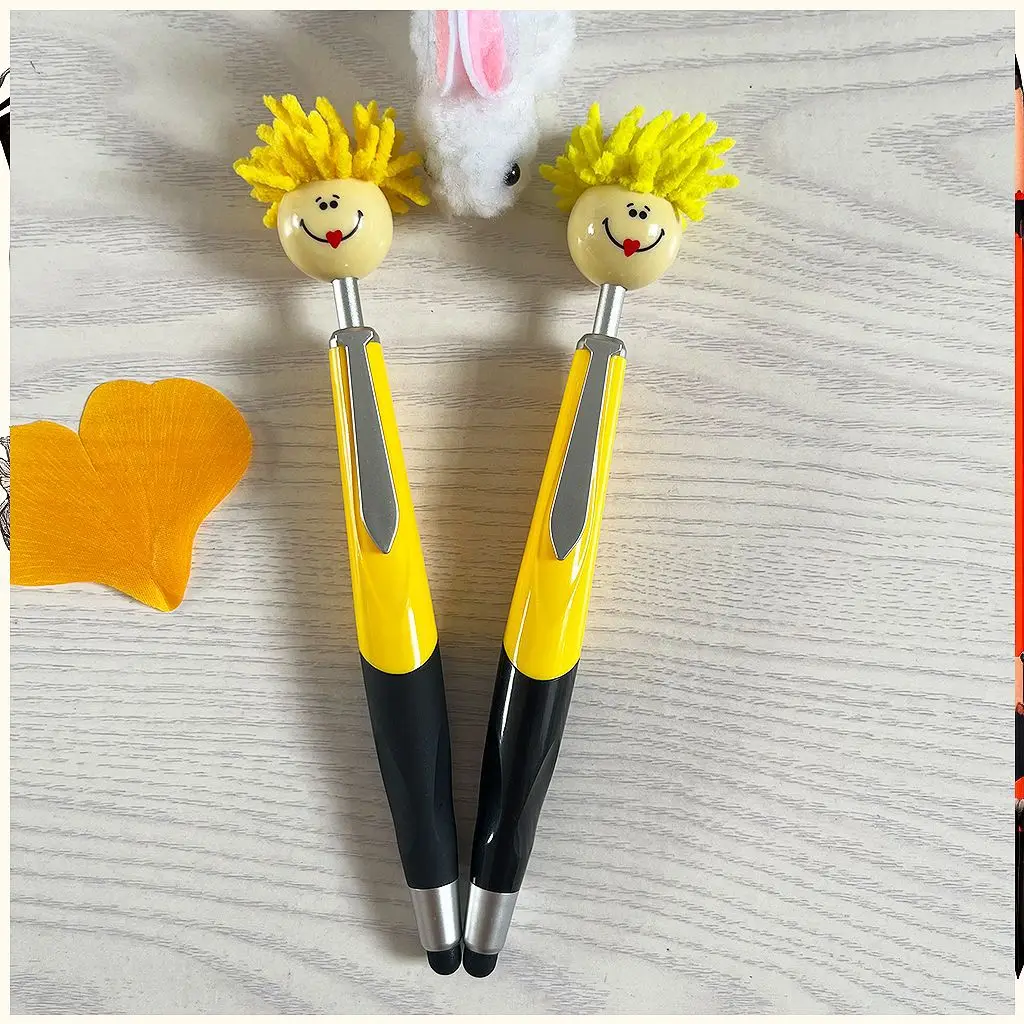 6PCS süße Plüsch Puppe Kopf Kugelschreiber mit Druckknopf Smiley Gesicht Stylus Touch Geschenk Schreibstift – Detail 7