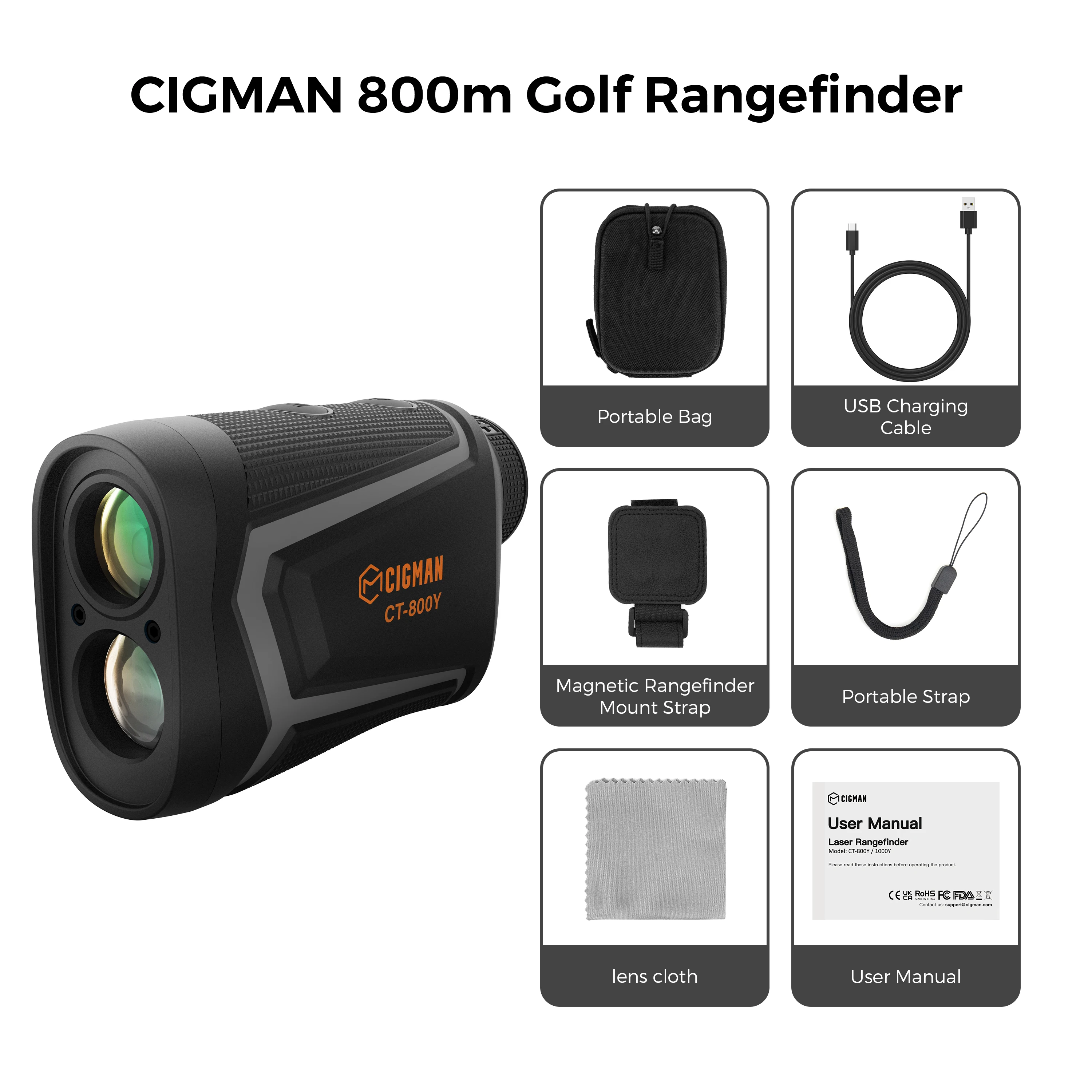 Cigman-充電式ゴルフレーザー距離計,800m,1000m,6x倍率,角度調整