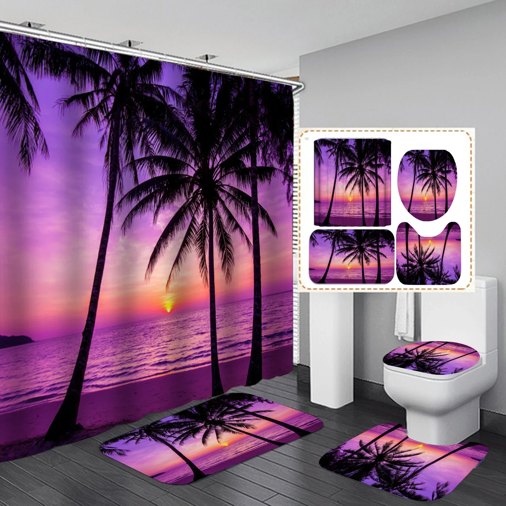 

3D Dusk Beach Coconut Tree Waterproof Shower Curtains Purple Polyester Bathroom Sets Toliet Lid Cover Non-Slip Bath Mat Carpet