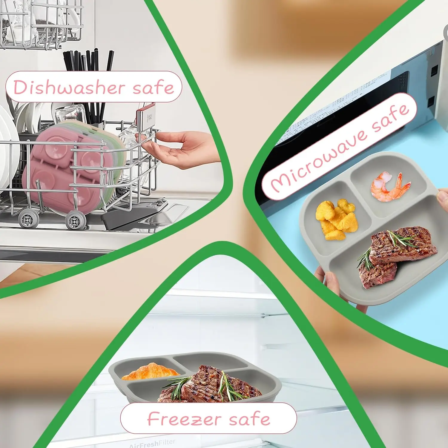 Food Grade Silicone Dining Plate Children 3-Grids Dishes Eating Training Tableware Feeding Tray With Sucker Anti-Drop Baby Stuff 3