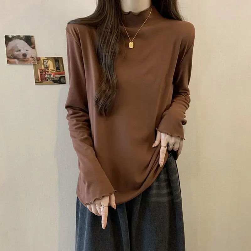 

American Style Half High Neck Solid Color Bottom T-shirt for Women in All Seasons Loose Casual and Slimming Top Ins Clothes New