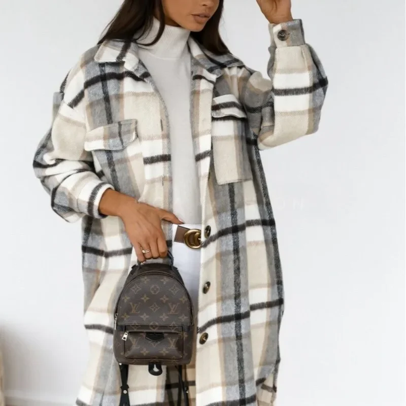 

Women Streetwear Long Leeve Thick Wool Fashion Pocket Oversized Lapel Autumn Shirts Coats Winter Plaid Jacket Coat