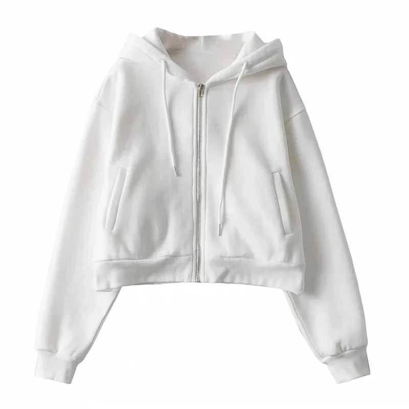 autumn spring women's Zip up hoodies pockets slim crop top women jacket female clothes drawstring white sexy hoody cotton coats