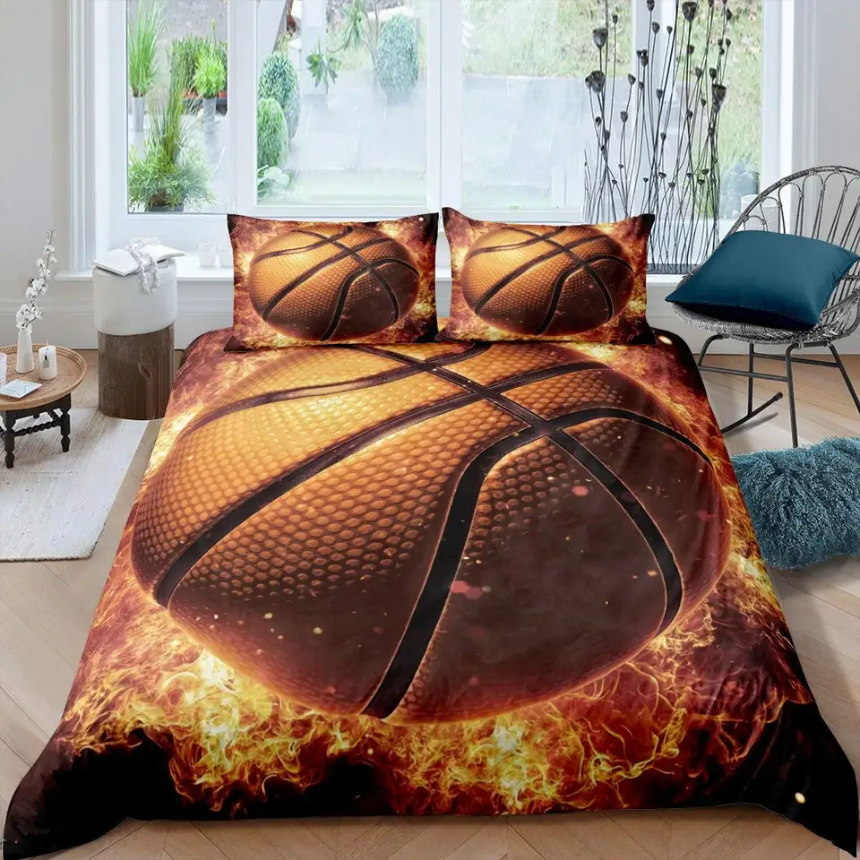 Basketbal Double Dekbedovertrek Set, 3D Print Soft Microvezel Basketbal Court Beddengoed Set, Boy Quilt Cover 200x200 cm en 2 kussenslopen 50x75 cm