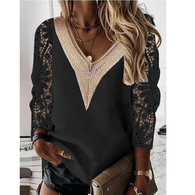 White Sexy Lace Hollow Women Top 2023 Spring V Neck Stitching T-shirt Blouse Nine Points Sleeve Mesh Design Tops Femme Blusas