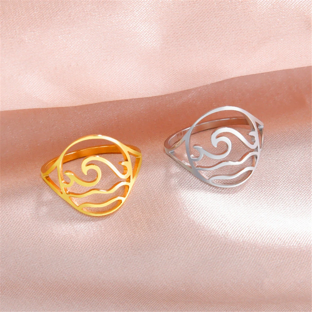 COOLTIME Meer Wellen Ring Edelstahl Silber Farbe Ozean Surf Finger Ringe für Frauen Mode Kpop Schmuck Party Geschenk Großhandel – Detail 3