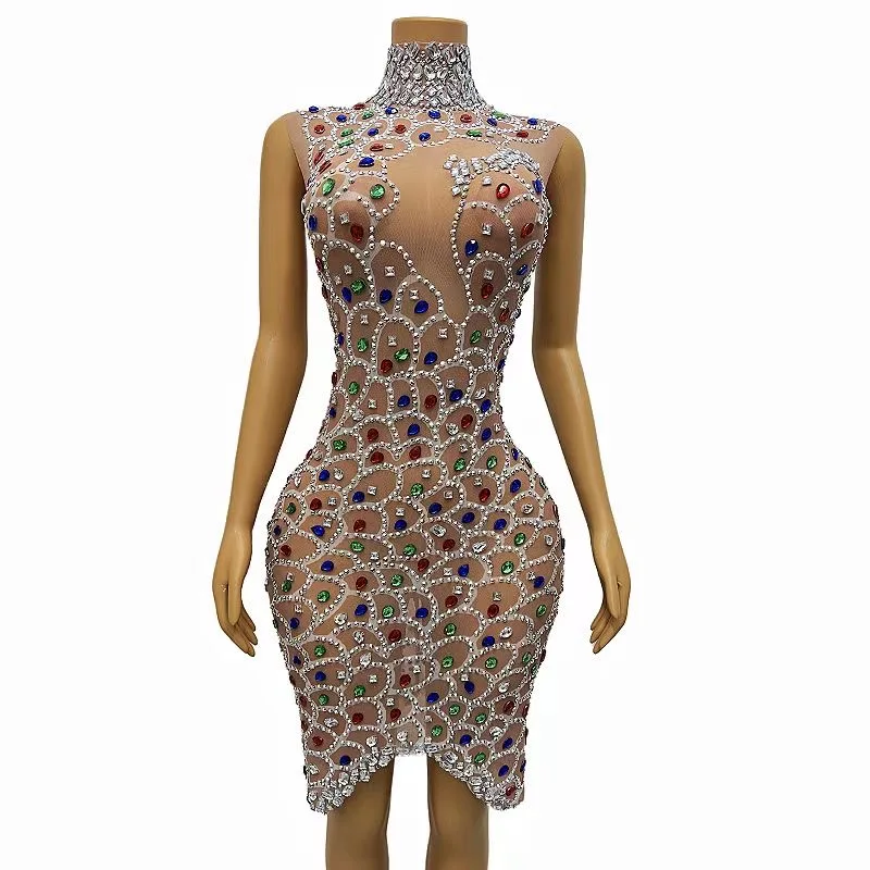 

Multicolor Rhinestones Nude Mesh Transparent Dress Sleeveless Outfit Dance Costume Birthday Celebrate Evening Show yulin