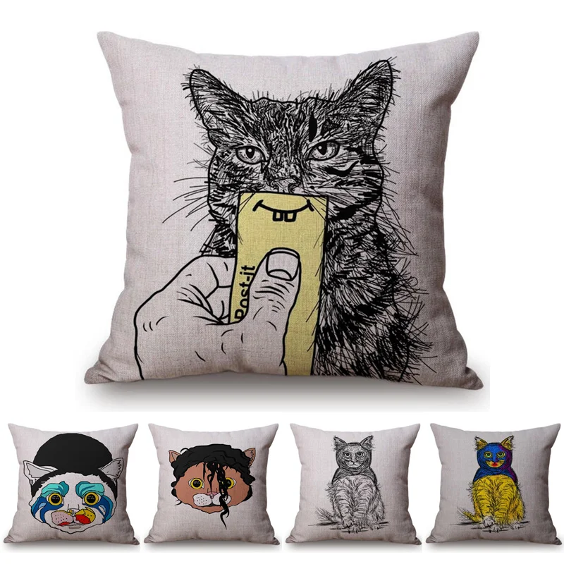 

Cat Sketch Cute Kitten Printing Cushion Cover Pillowcase Linen Cotton Living Room Sofa Decoration Throw Pillow Case kussen 45x45