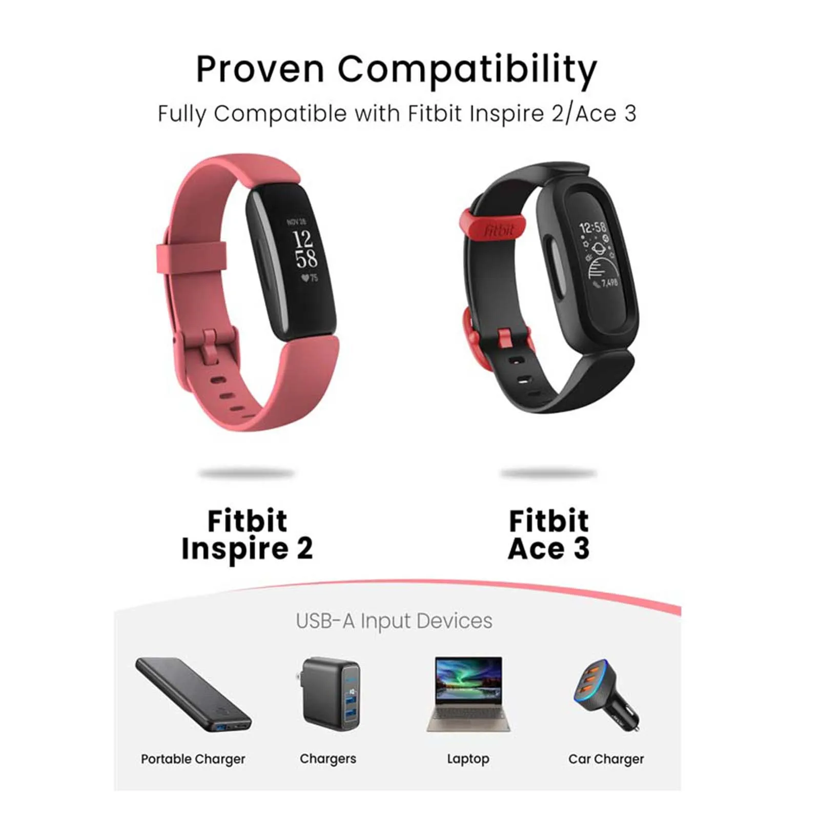 Fitbit Ace 3 / Inspire 2 용 충전기, 피트니스 트래커, 교체 충전 케이블 코드 액세서리