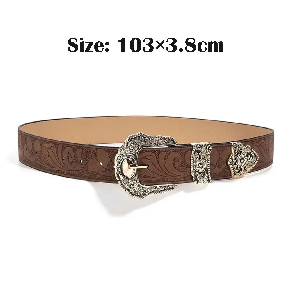 Luxury Vintage PU Leather Waistband Versatile with Metal Caved Buckle Cowgirl Waist Belt Y2k Pin Buckle Belt