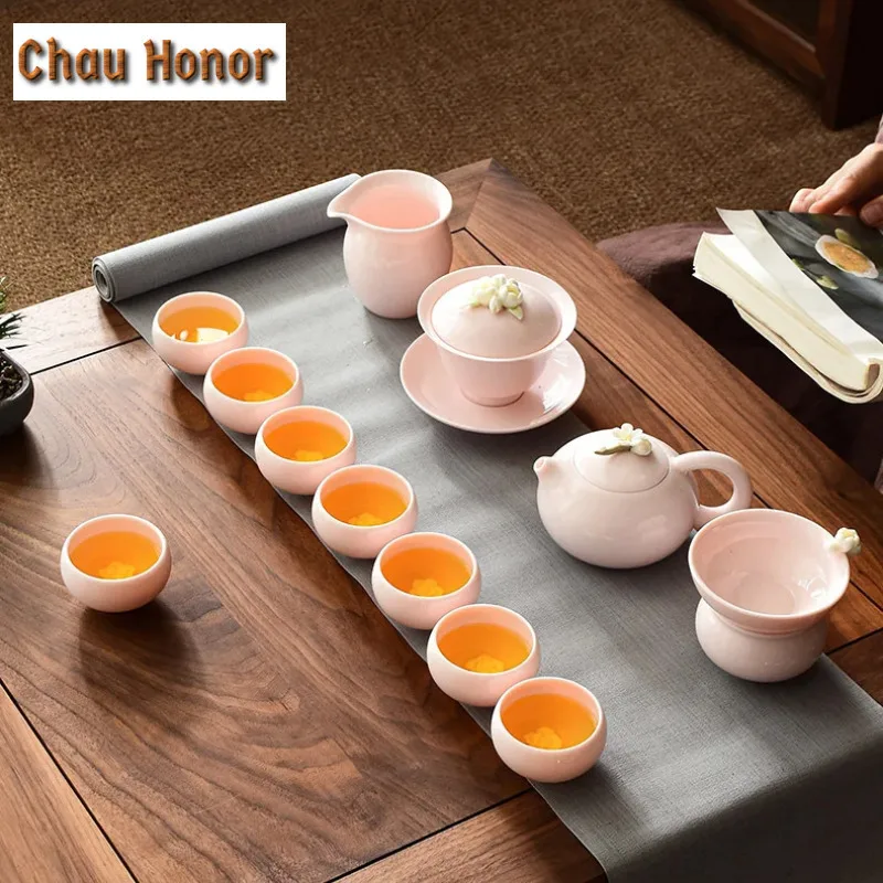 160ml Dehua Lanolin Jade White Porcelain Handmade Flower Kneading Pink Cover Bowl Kung Fu Tea Set Household Tea Bowl Drinkware