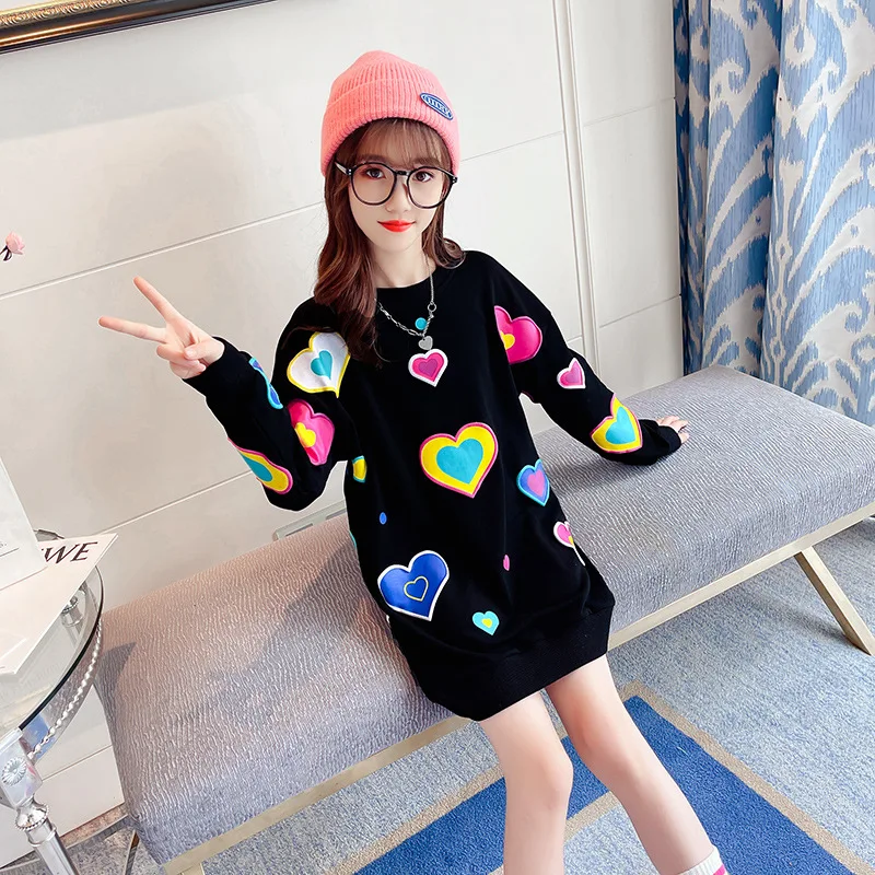 new children's hoodies Girls Sports Dress Children's Spring Cotton Lovely Colorful Hearts Long Sweater Dress Kids Pullover Child Casual Tops For Girl children's hooded tops Hoodies & Sweatshirts