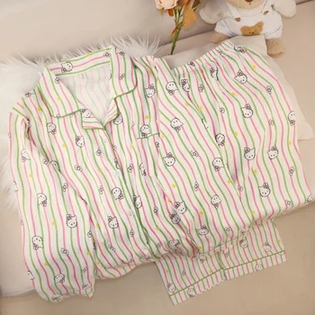 طقم بيجامات أنيقة مخططة من Hello Kitty للسيدات بأكمام طويلة ملابس منزلية حلوة برسوم كارتونية وصل حديثًا موضة كورية 2026 3