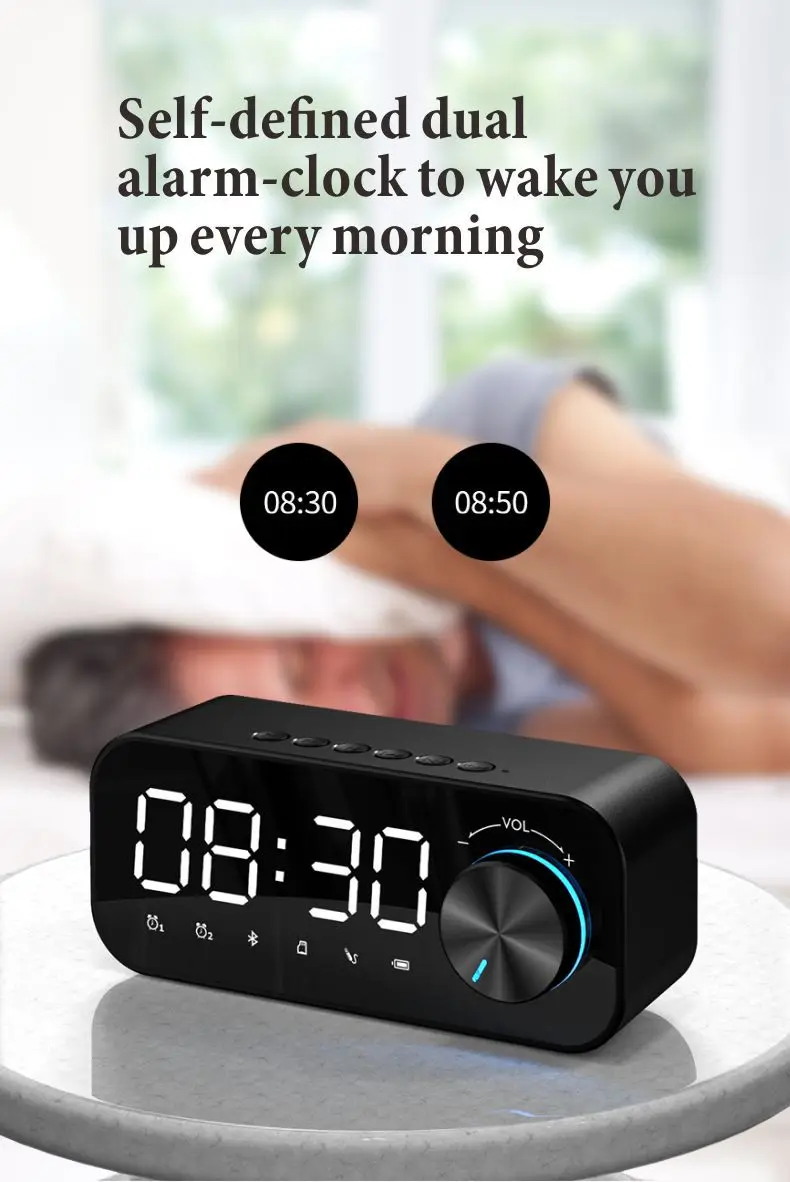 B126 2021 New Wireless BT5.0 Speaker Alarm Clock Digital Display LED Subwoofer Music Player Mini BT Speaker