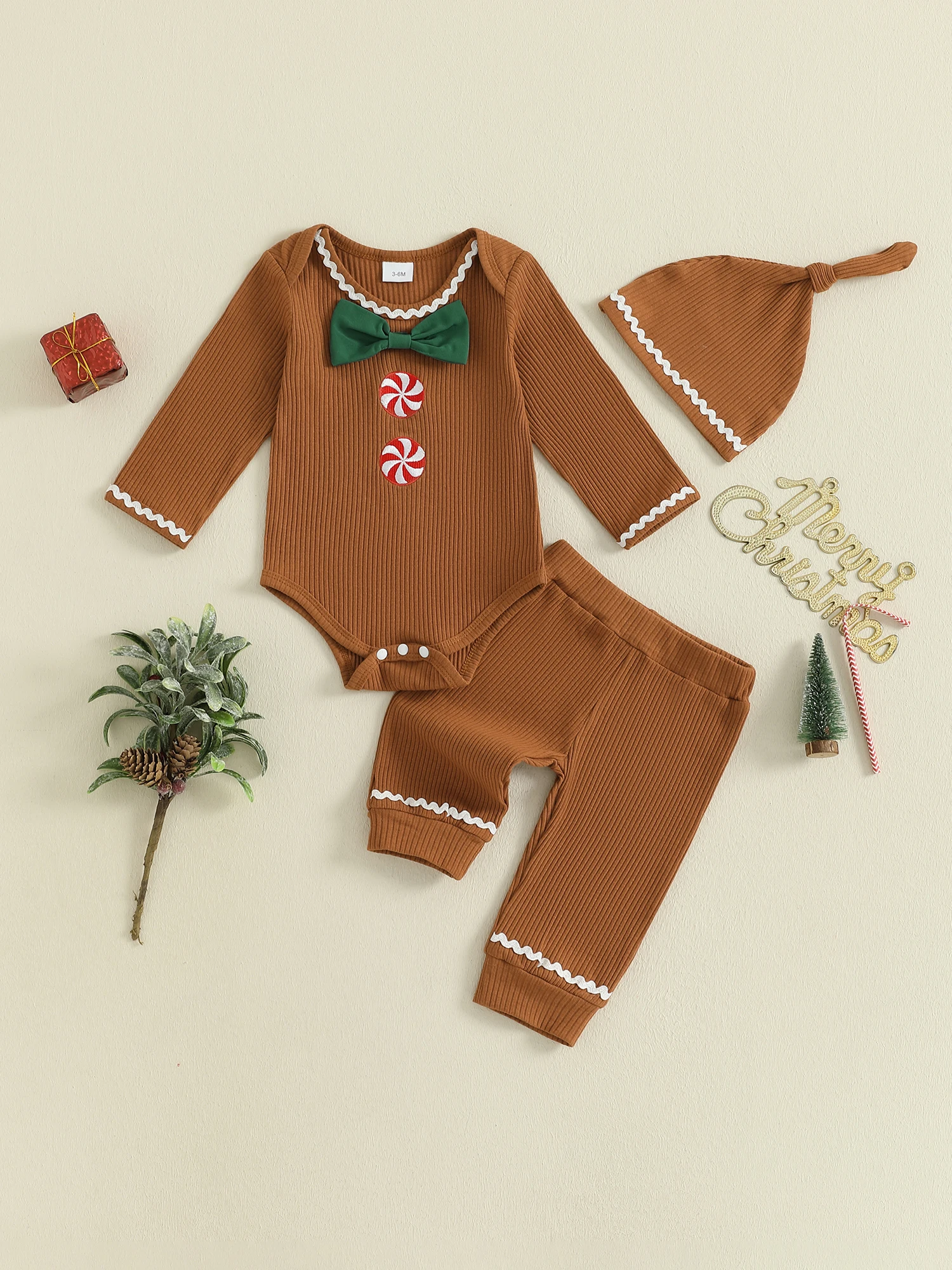 Newborn Baby 3 Piece Set Long Sleeve Round Neck Santa Claus Bow Romper Hat Elastic Waist Pants Christmas Outfit S562f62e62d9e4205a1f49a9cfb3185d2B