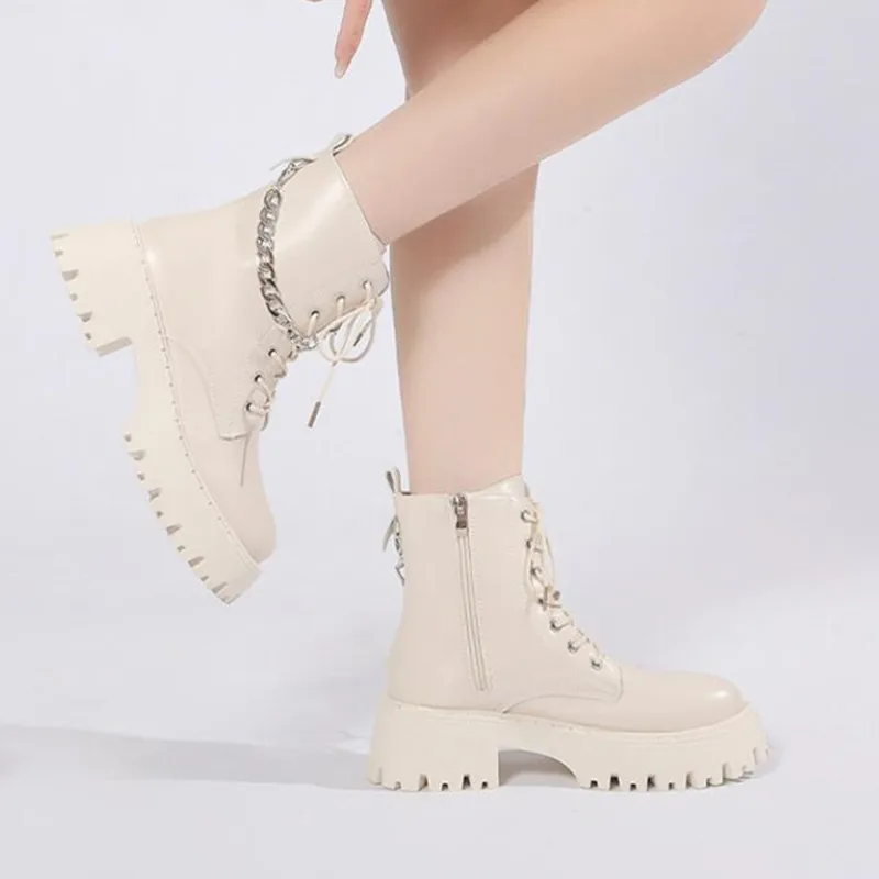 Black Pu Leather Platform Ankle Boots Women Metal Chain Punk Combat Boots Woman Autumn Winter Fashion Motorcycle Booties Mujer