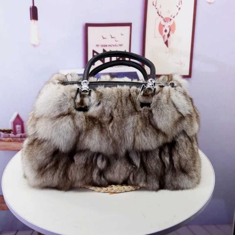 Large Capacity Genuine Fox Fur Tote Bag Versatile Handbag For Commuter Luxury Designer Plush Bags Women's Bag Shopping Bags
