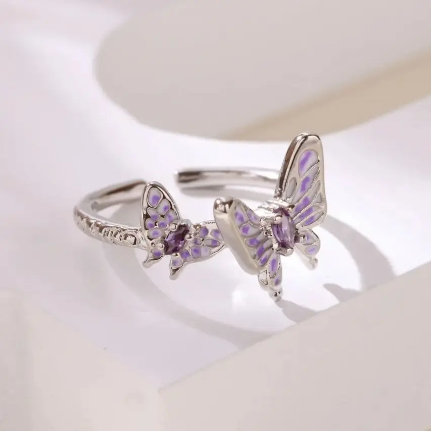 Zircon Butterfly Opening Stainless Steel Rings For Women