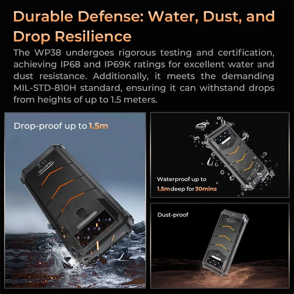 Oukitel WP38 Rugged 4G Smartphone 6.52Inch HD+ Display Octa Core 12GB+256GB Android 13 Mobile Phone 10600mAh 13MP Camera NFC OTG 6