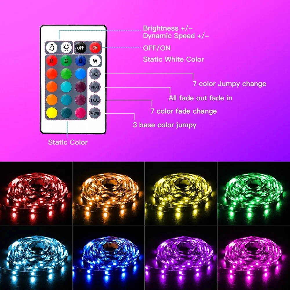 1-30M RGB LED Strip Light 5V USB Bluetooth 24Key Remote Control Flexible Ribbon Color Change LED Lamp Tape For Home Decoration