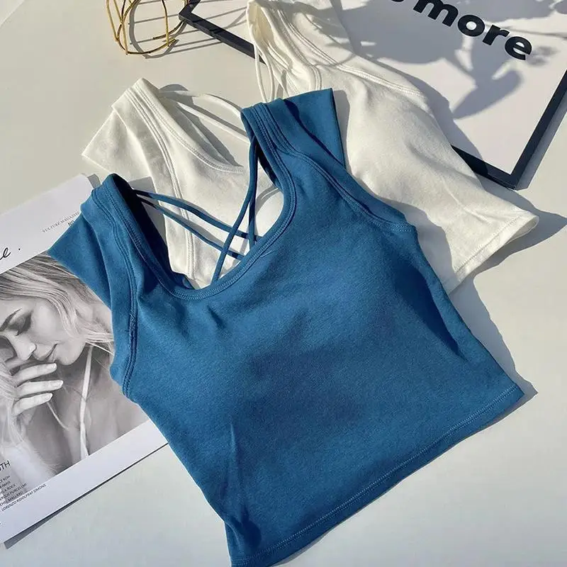 

Women Tops Summer Beach Camisole with Pad Sexy Backless Bandage Tees Corset Spring Y2K Basic Solid Color Cross Strap Tank Top