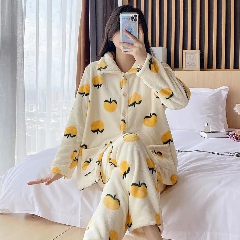 2024 New Autumn Winter Thick Coral Fleece Pajamas Women's Set Loungewear Plus-plus-size Cute Flannel Long-sleeved Sleepwear
