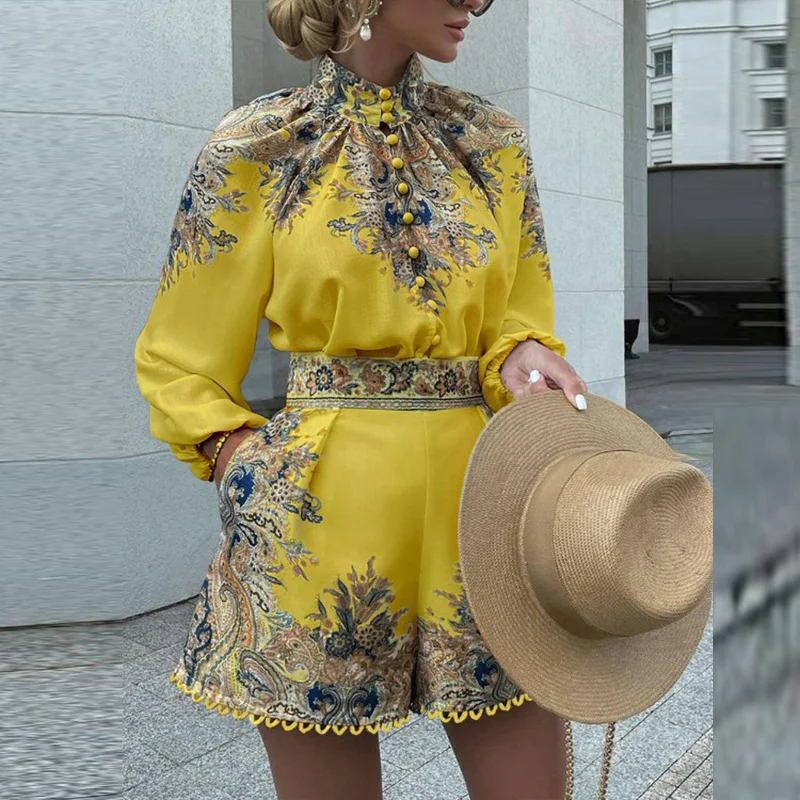 two piece skirt and top Vintage Pattern Print Women Turtleneck Suit Elegant Buttoned Pullover Tops+Pocket Shorts Set Fashion Lady Two Piece Sets Outfits co ord sets