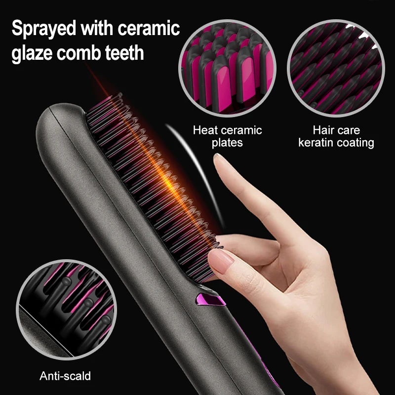 Wireless Hair Straightening Comb PTC Ceramic Fast Heating Portable Straightening Irons 3 Gears Electric Hair Brush Negative Ion