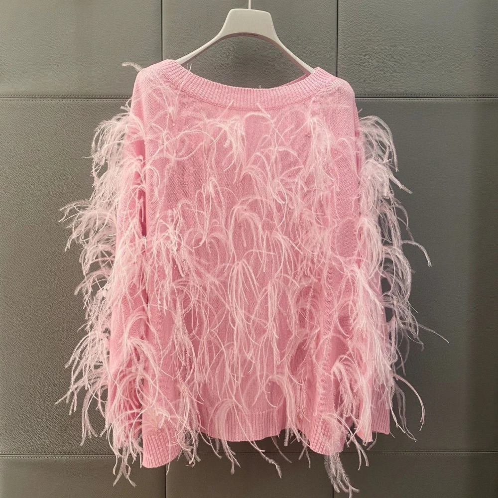 

Pink Feather Long Sleeve Knit Sweater Pullover