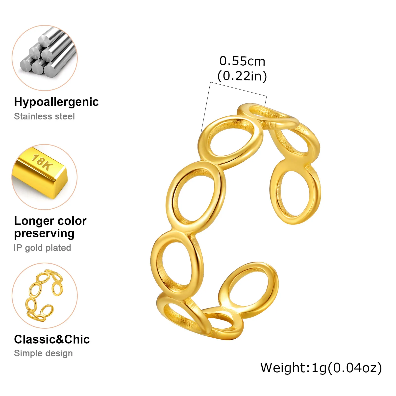 Offene Ringe aus Edelstahl für Frauen, ästhetische geometrische Linien, goldfarbener Fingerring, modischer Verlobungs-, Hochzeits- und Party-Schmuck – Detail 12