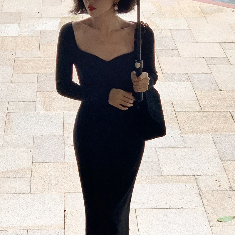 

2023 New Sexy Strapless Dresses for Women Ribbed Knitted Bodycon Dress Women Winter Long Sleeve Midi Sweater Dress Clothes