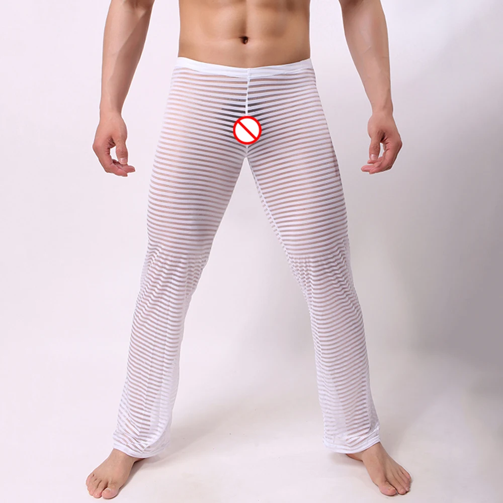 Sexy Men Sleepwear Pants See-Through Breathable Stripe Breathable Soft Pajamas Sleep Bottoms  Trousers Homewear Underpants men's pajama sets