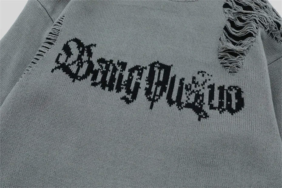 Torn Smooth Sweater Men Retro Ripped Hole Knitted Letter Plain Jumpers Men Streetwear Hip Hop Harajuku Punk Gothic Sweaters 5