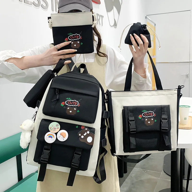 Mochila New 5-piece Set Schoolbag Student Backpack Multi-functional Canvas Lightweight Cute School Bags for Girls Knapsack Bag