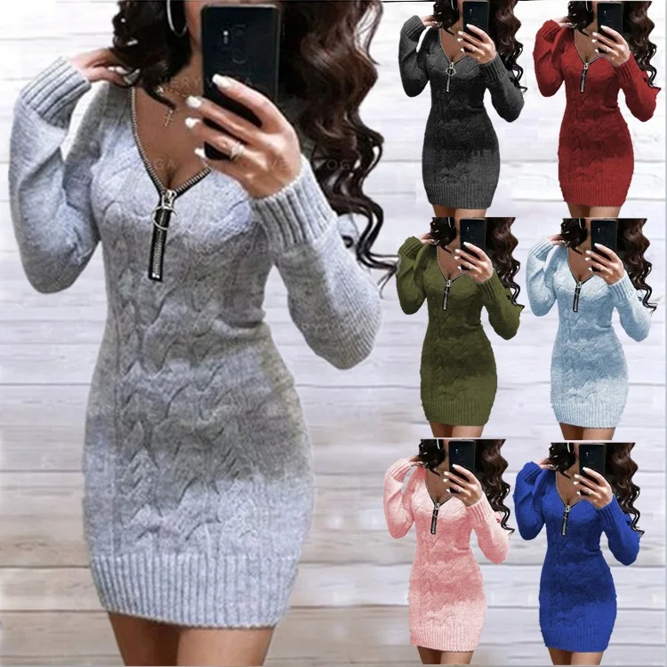 

2023 New Sweater Knitwear Mid-length Zipper V-neck Jacket Dress